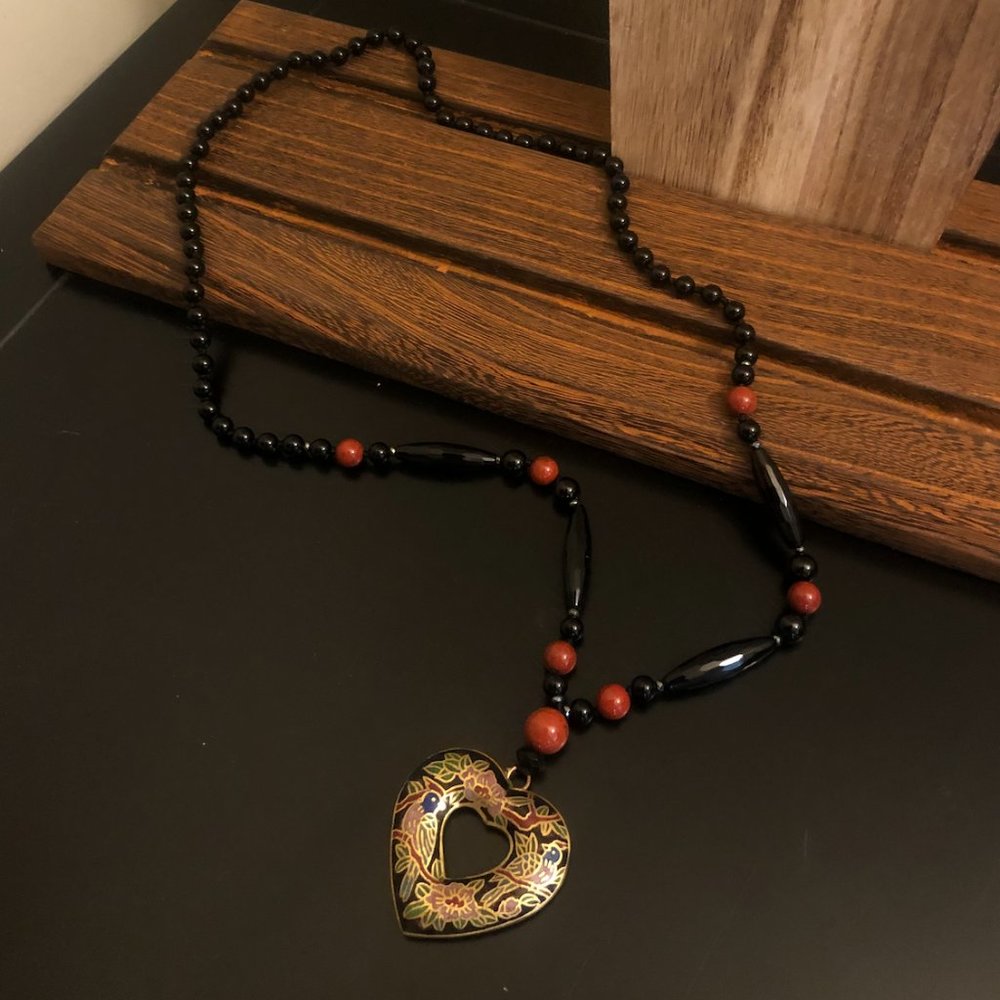 Natural Material Beaded Heart Pendant Necklace